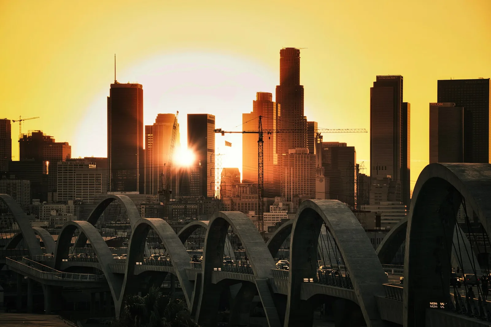 Sixth Street Viaduct and downtown Los Angeles in evening light
